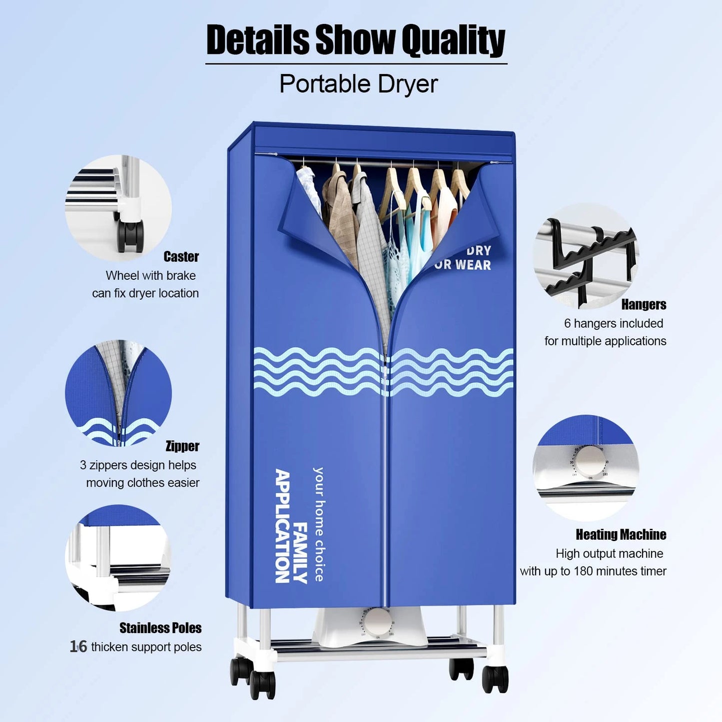 Portable Clothes Dryer Drying Machine with Timer Laundry Drying Wardrobe with Large Capacity Dryer Rack for Home Appartments