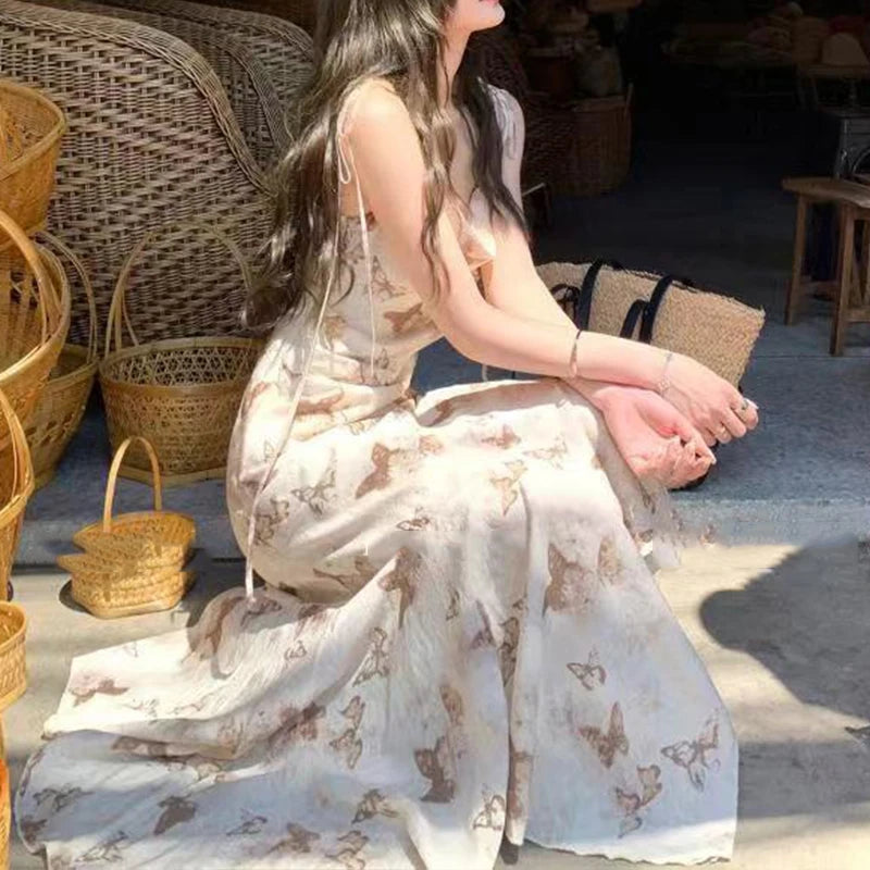 Women Irregular Butterfly Floral Kawaii Dress Hot Girl Tighten The Waist 2024 Spring Summer New Dress Vintage Elegant Dress