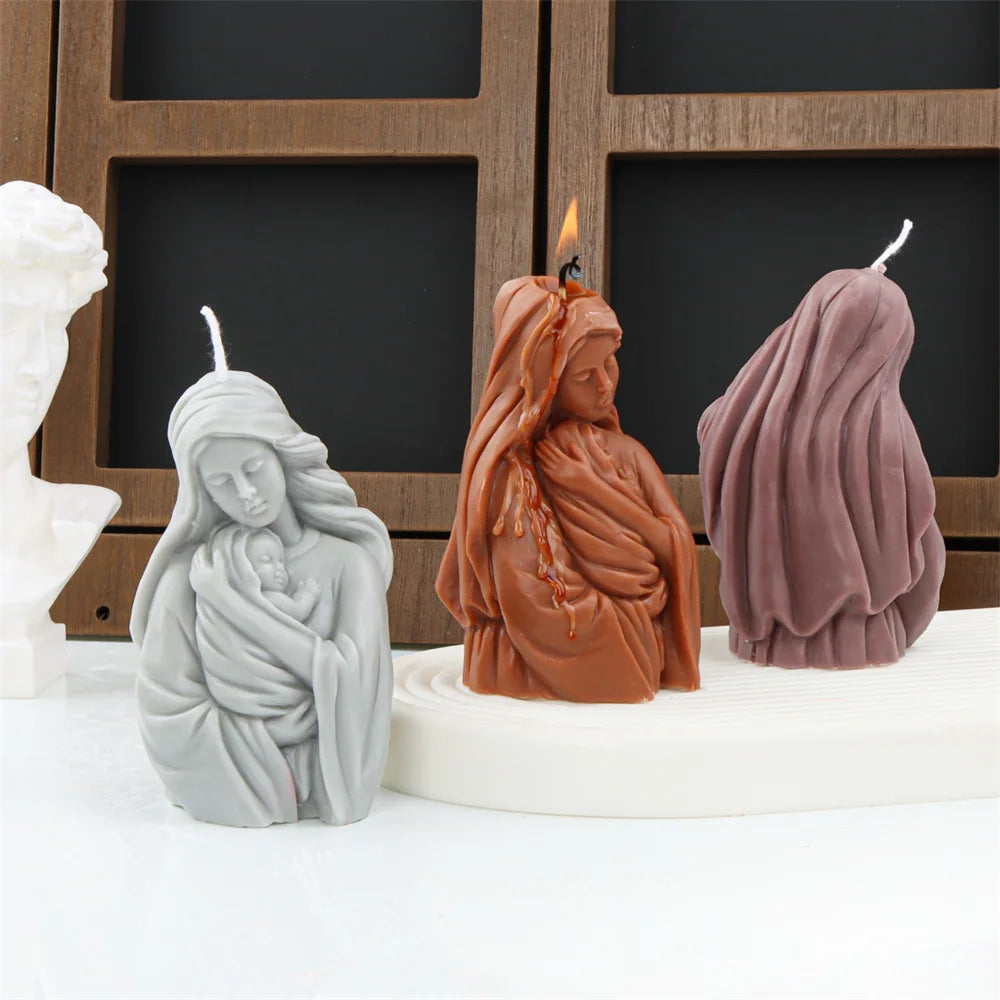 Religious Blessed Virgin Mary Candle Silicone Mold Madonna Goddess Female Deity Portrait Scented Plaster Jesus Resin Epoxy Mould