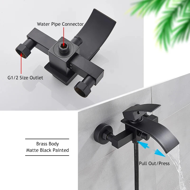 Black Bathroom Tub Faucet Single Handle Waterfall Spout Mixer Tap with Hand Shower Wall Mounted Gold Bath Faucets Bathtub Tap