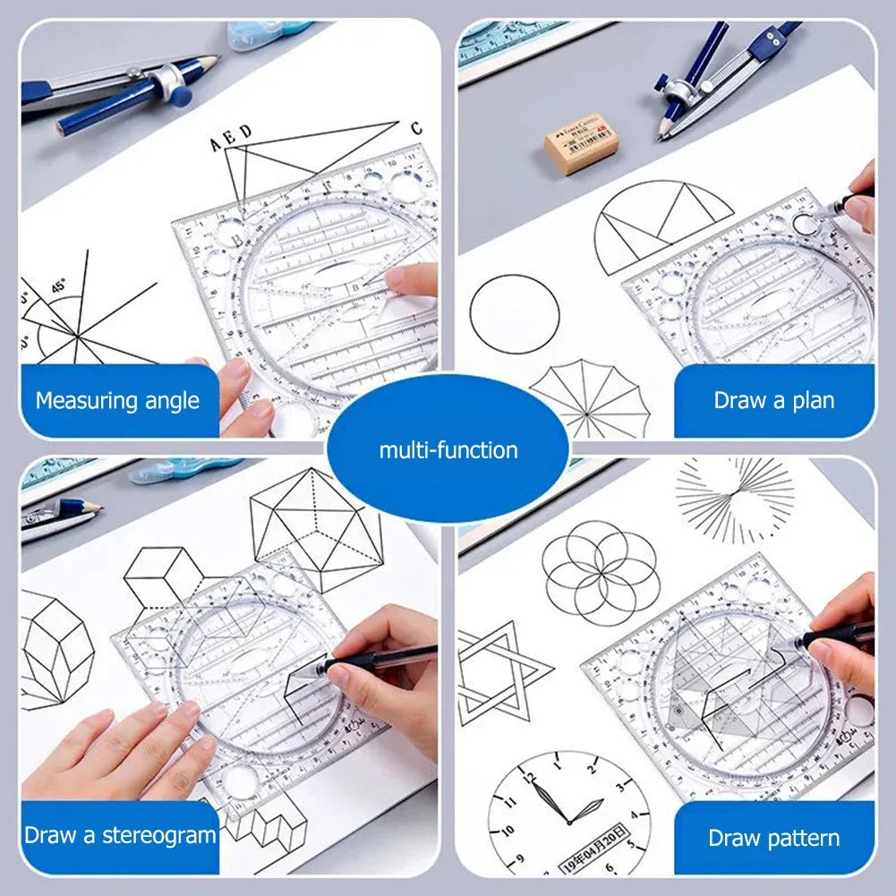 Multi-function Rotatable Drawing Template Art Design Construction Architect Geometry Circle Drafting Measuring Scale Ruler Tools