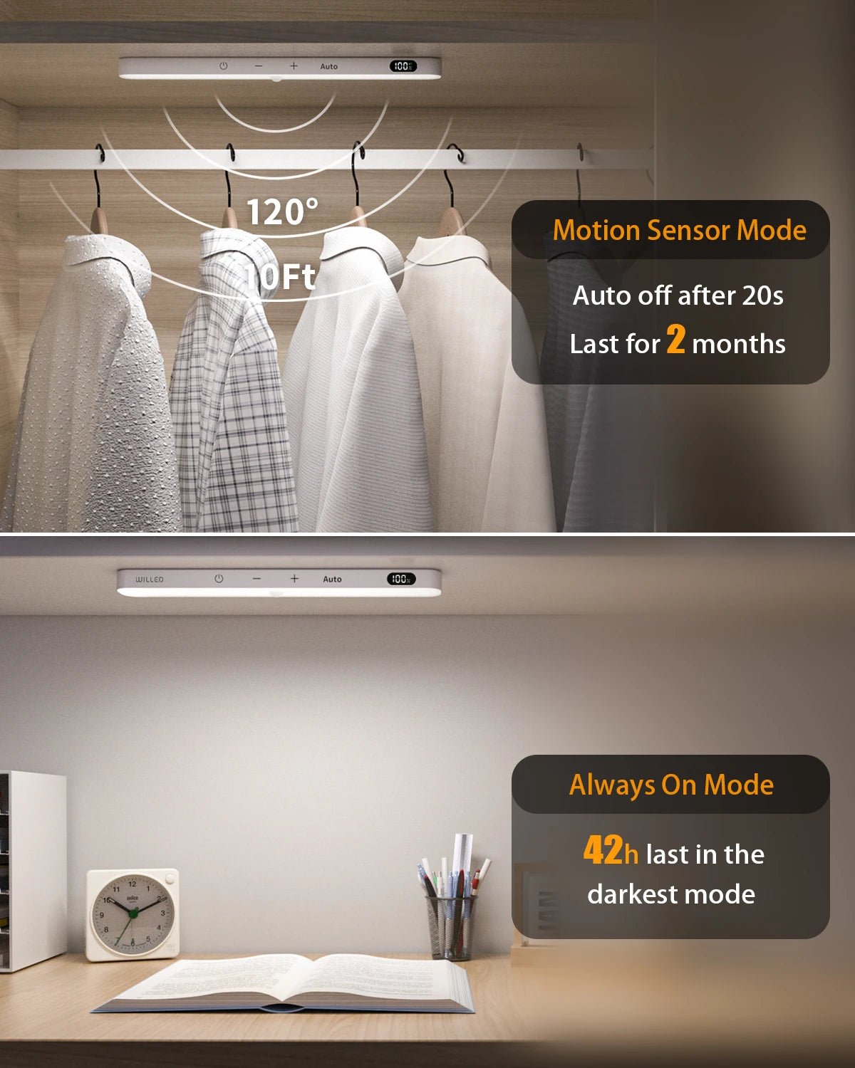 WILLED Under Cabinet Lights Rechargeable Battery Display 60 LED Touch Light Bar Motion Sensor Light Closet Light Night Lights