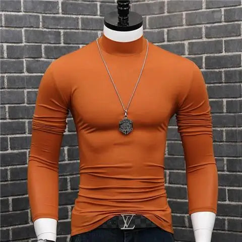 Fashion 2023 Oversize Solid Men's Slim Fit T-Shirt with Turtleneck Autumn Long Sleeve Top Shirt Male Modal Base Male Blouse