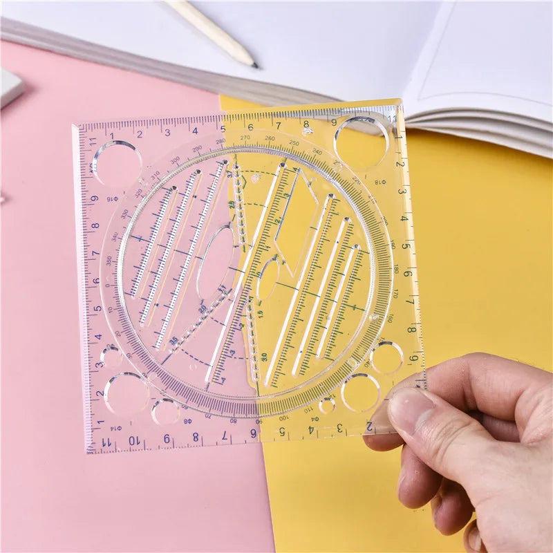 Multi-function Rotatable Drawing Template Art Design Construction Architect Geometry Circle Drafting Measuring Scale Ruler Tools
