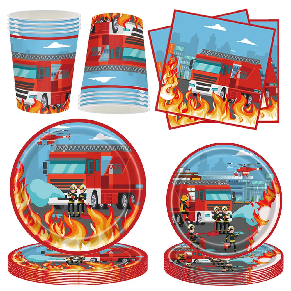 Firefighter Disposable Tableware Fire Truck Plates Napkins Cups Tablecloth Boy Firefighter Theme Birthday Party Decorations Supp