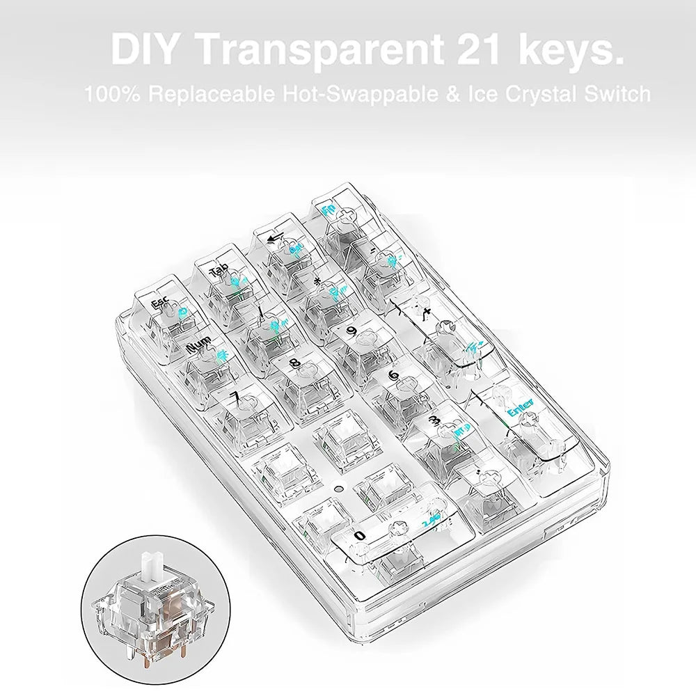 AULA F21 Wireless Numeric Keypad White Backlight Transparent Numeric Keyboard 21 Key Bluetooth Mechanical Gaming Number Pad