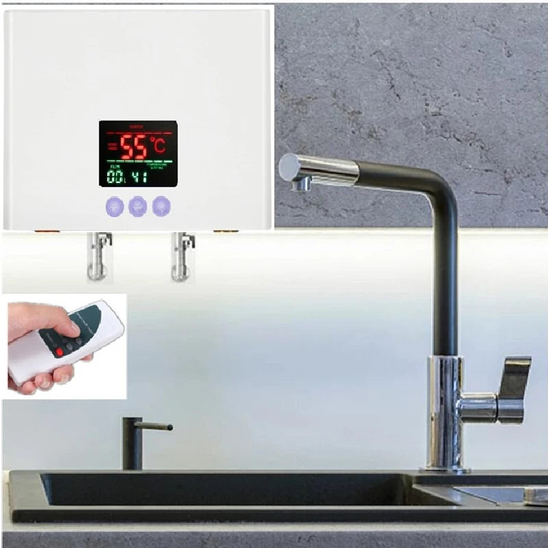 110V 220V Instant Water Heater Bathroom Kitchen Wall Mounted Electric Water Heater LCD Temperature Display with Remote Control