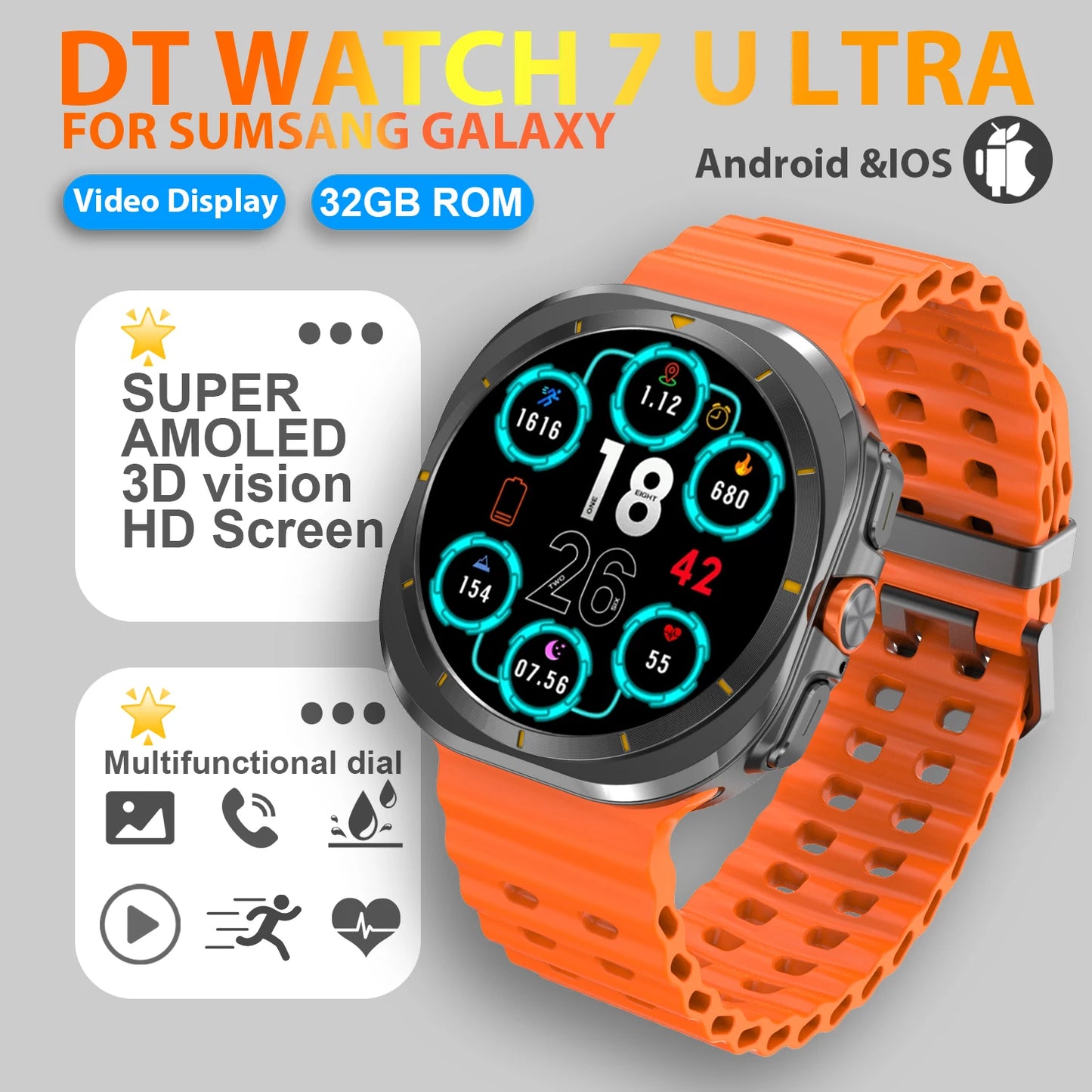 2025 New Watch 7 Ultra Smart Watch Men 32GB Memory 3D Video Display Sports SmartWatch GPS NFC Compass Blood oxygen Smartwatch