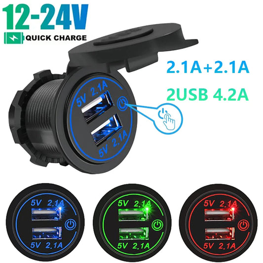 Car Charger Dual Usb with Touch Switch Car Charging Source Socket 5V4.2A Suitable for Cars Ships Motorcycles and Mobile Phones