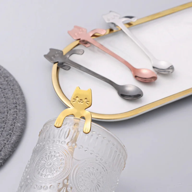Mini Cute Cat Coffee Spoon Stainless Steel Teaspoon Dessert Snack Scoop Ice Cream Milk Children Spoons Tableware Kitchen Tools