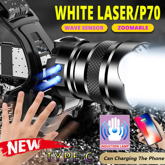 50000000LM Sensor Headlight LED 5000M Long Throw Induction White Spotlight XHP70 Headlamp USB Fishing Waterproof 18650 Lanternes
