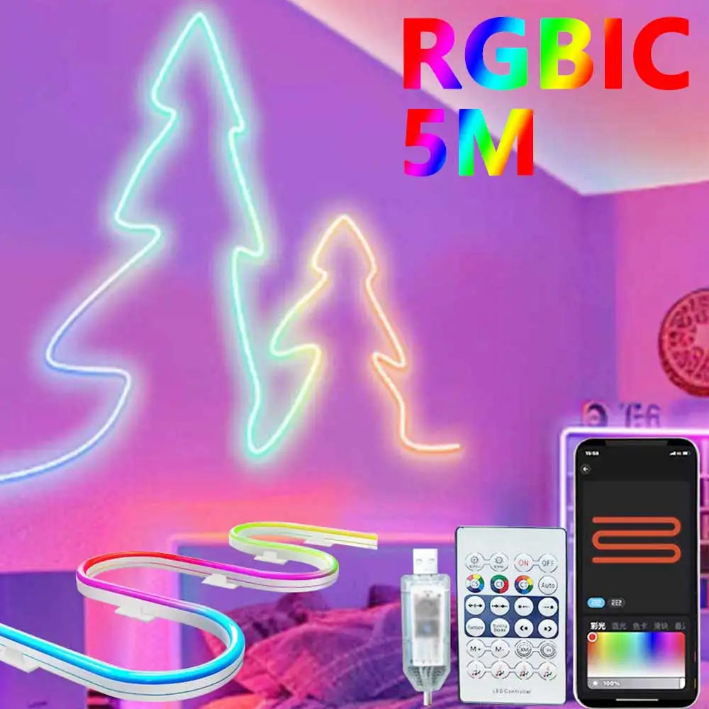 Neon Led Strip Light 5V RGBIC Neon Strip Lights 1M 2M 3M 5M Waterproof Flex Ribbon Led Tape for Room Wall Decor Music Sync