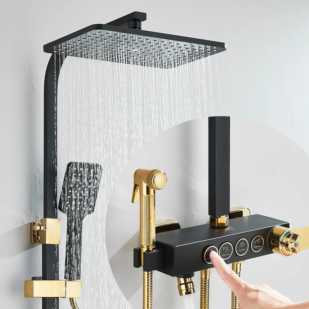 Black Thermostatic LCD Shower Faucet Set Temperature Display Rainfall Bathtub Tap With Bathroom Shelf Electricity By Water