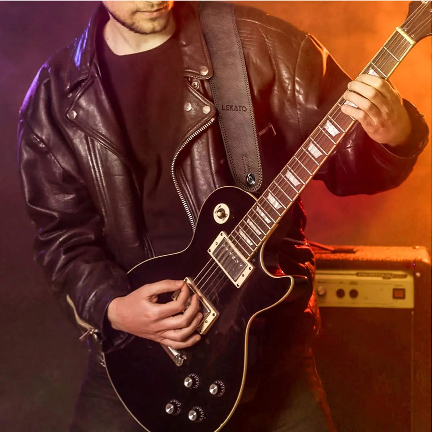 Lekato 2.5 Inch Wide Guitar Strap Leather with Thicken Foam Padded for Bass Electric Guitar Adjustable 41 To 51 Leather Strap