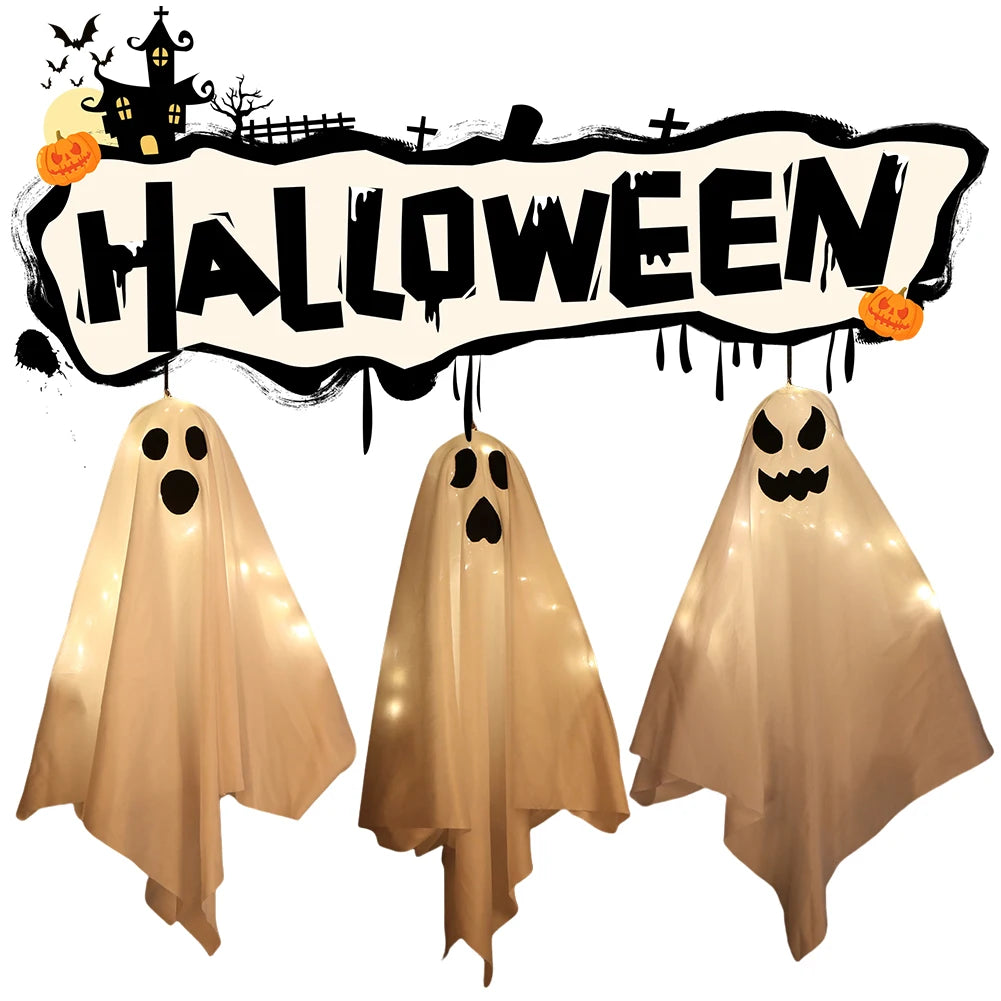 1-3PCS Halloween LED Hanging Fabric Ghost Light Spooky Ghost Decoration Waterproof Glowing White Ghost Decor for For Lawn Yard
