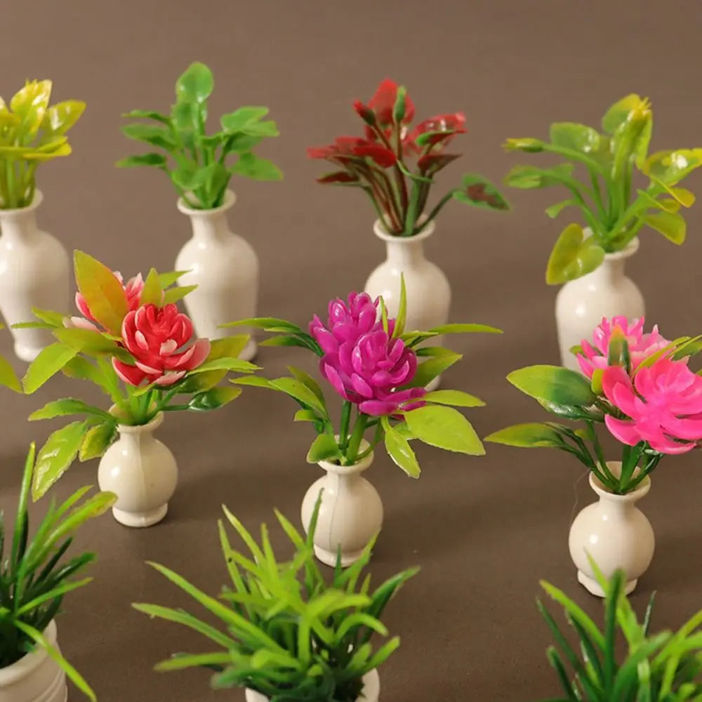 1:12 Dollhouse Mini Plastic Simulation Vase Green Plant Finished Flower Outdoor Doll House Miniature Model Accessories