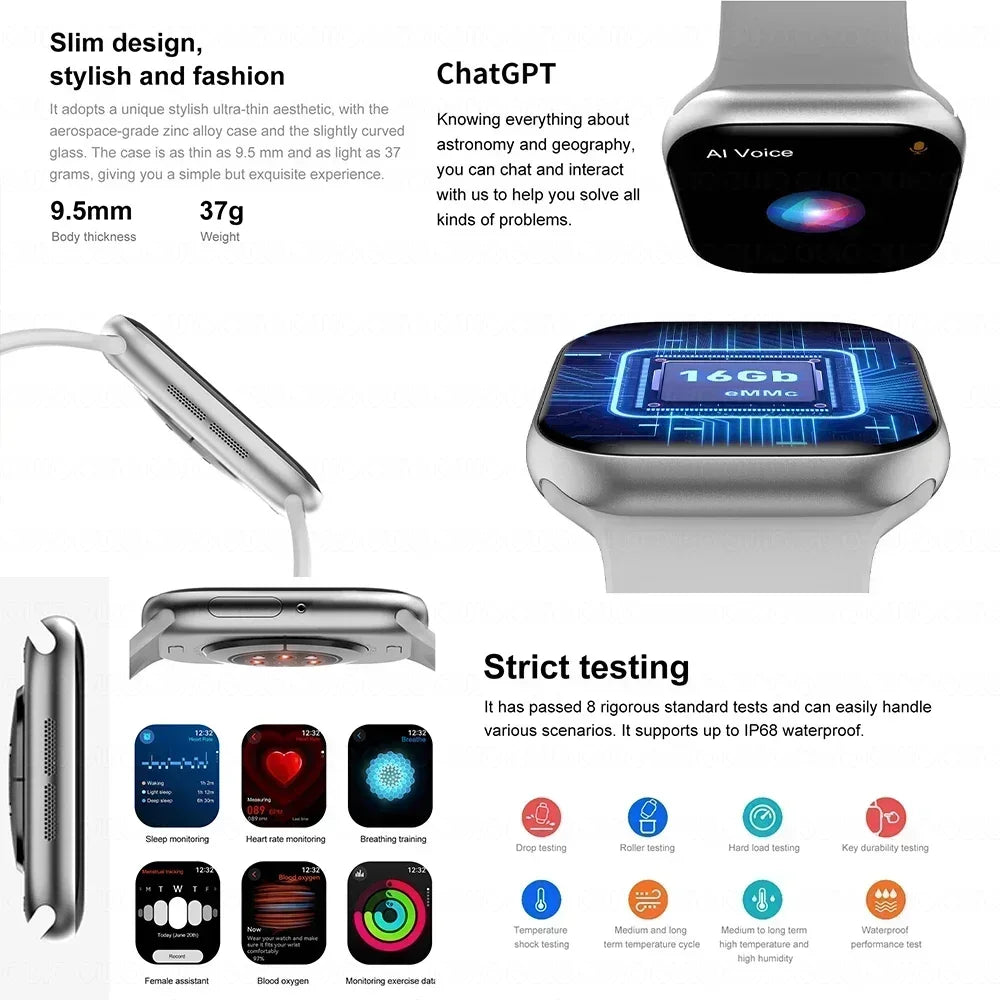 New For Apple Watch 10 Original Smart Watch 16GB Memory Music HD AMOLED NFC Compass Bluetooth Call Waterproof Smart Watch Woman