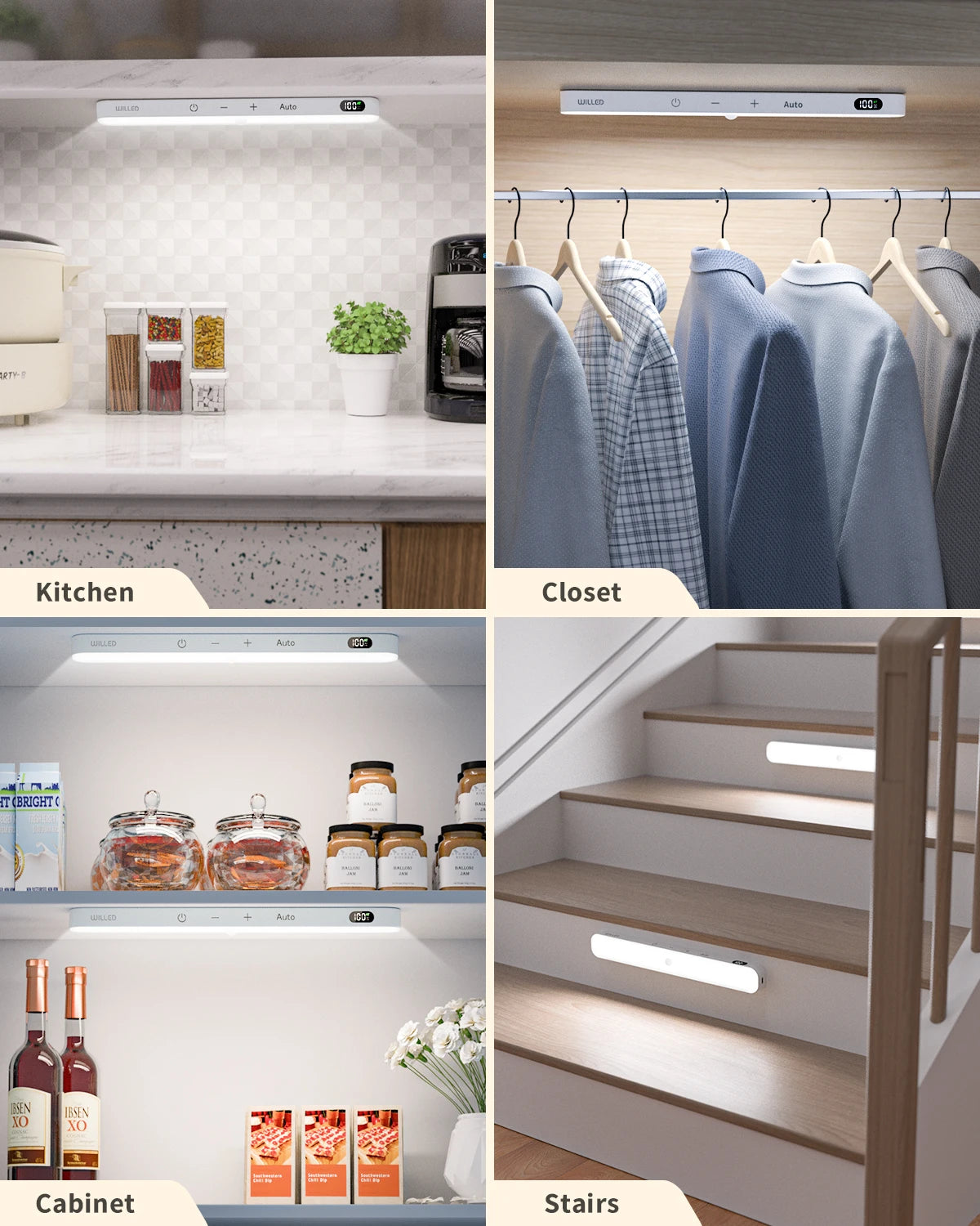 WILLED Under Cabinet Lights Rechargeable Battery Display 60 LED Touch Light Bar Motion Sensor Light Closet Light Night Lights