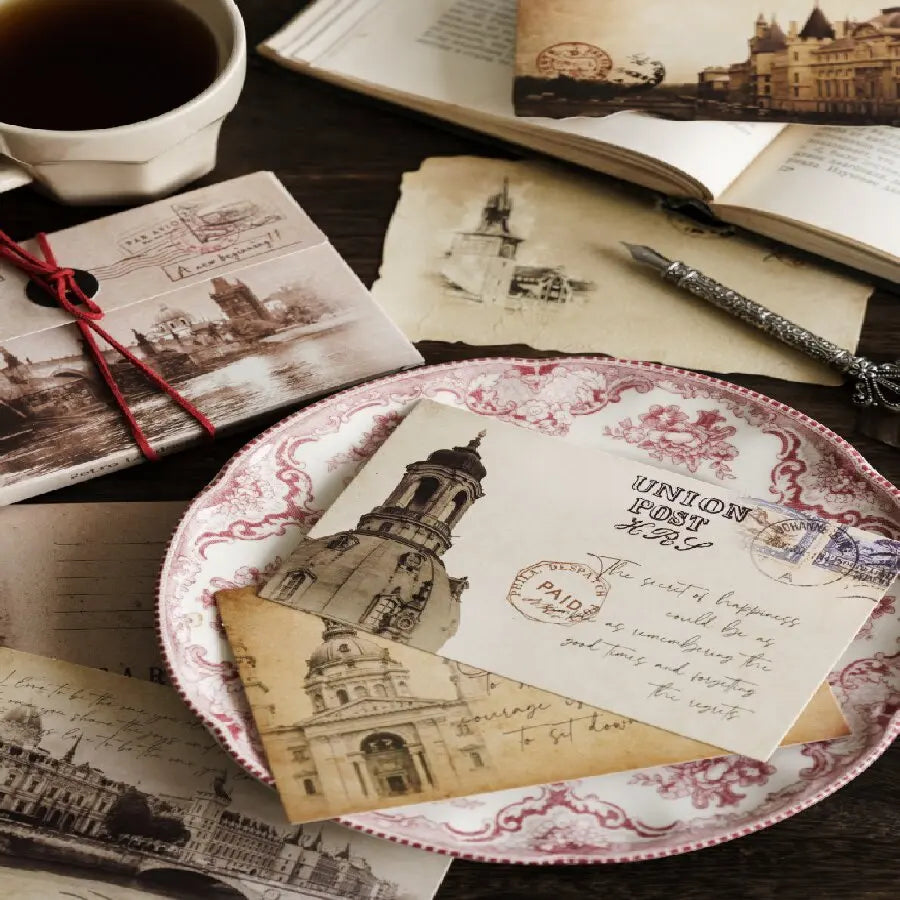 1Style 30Pcs/bag boxed postcard vintage architecture landscape English old newspaper handbook gift card