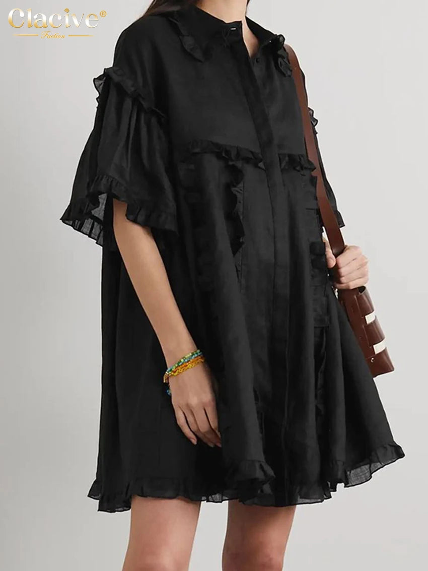 Clacive Summer Loose Black Cotton Women'S Dress 2024 Casual Lapel Short Sleeve Mini Dresses Elegant  Ruffle Solid Female Dress