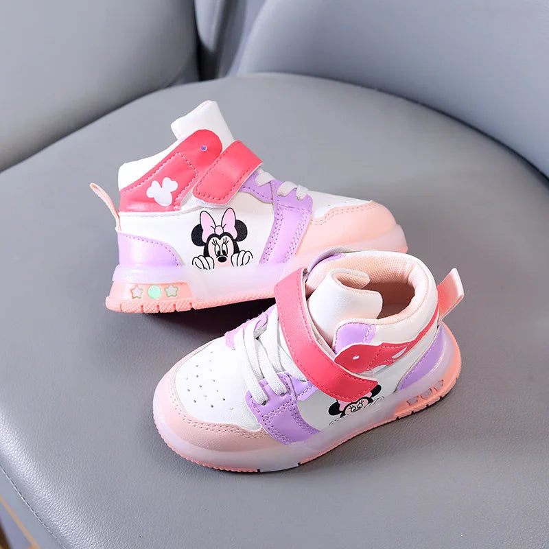 Disney Girls' Causla Shoes PU Leather Mickey Mouse LED Luminescent Children's Sneaker 1-6 Year Old Boys' Sports Casual Shoes