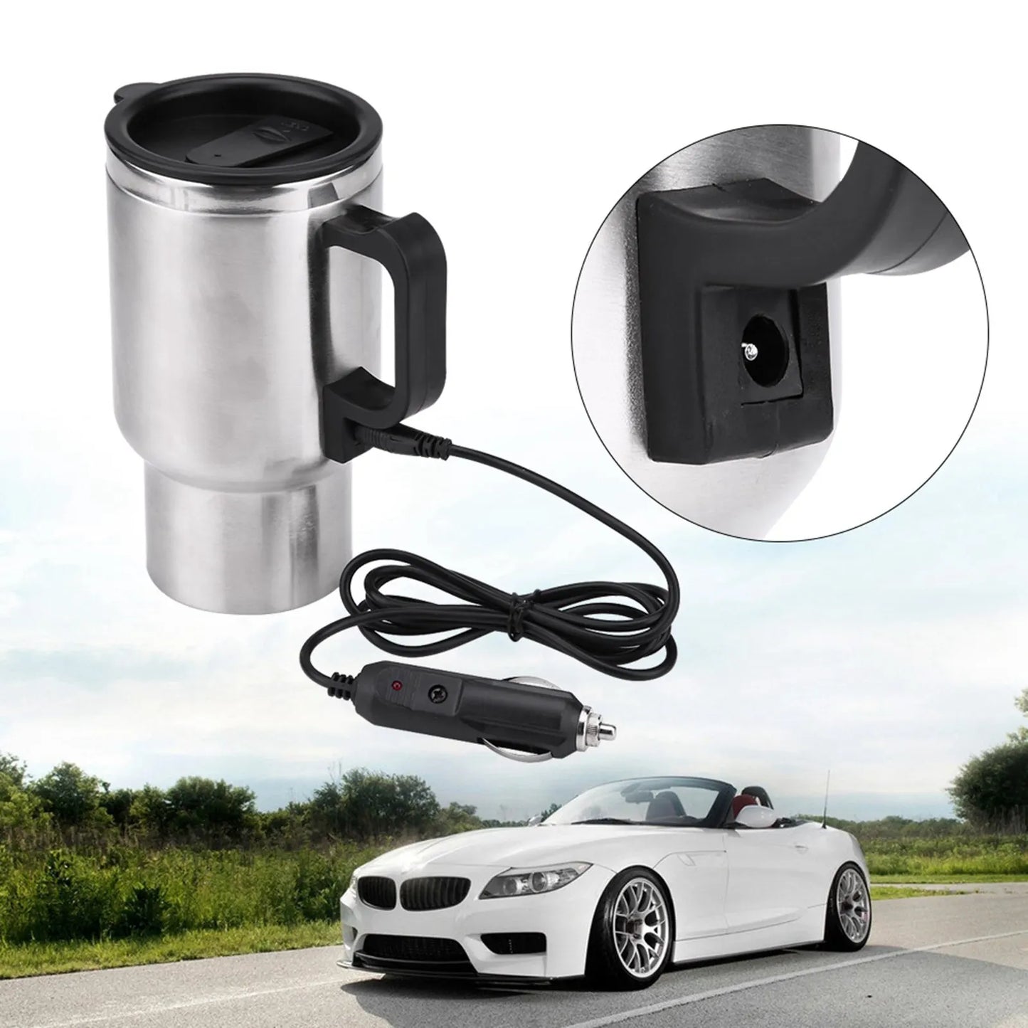 450ml Electric In-car Travel Heating Cup by Cigarette Lighter Plug Stainless Steel Travel Electric Kettle 12V Heated Thermos Mug
