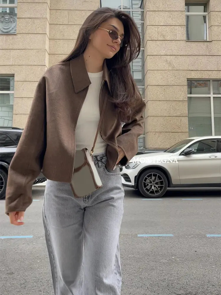 Fashion Brown Short Woolen Jacket For Women Elegant Lapel Long Sleeves Zipper Cropped Coats Autumn Chic Lady High Street Outwear