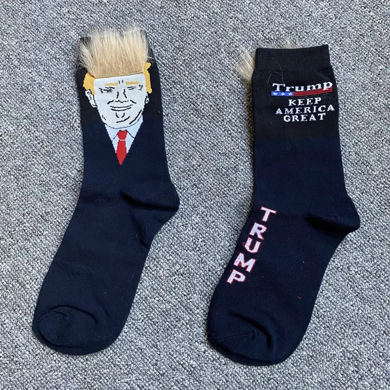 2024 New Trump Socks with Hair Spoof Funny President Donald Trump Socks Mens Compression Streetwear Hip Hop Tube Socks