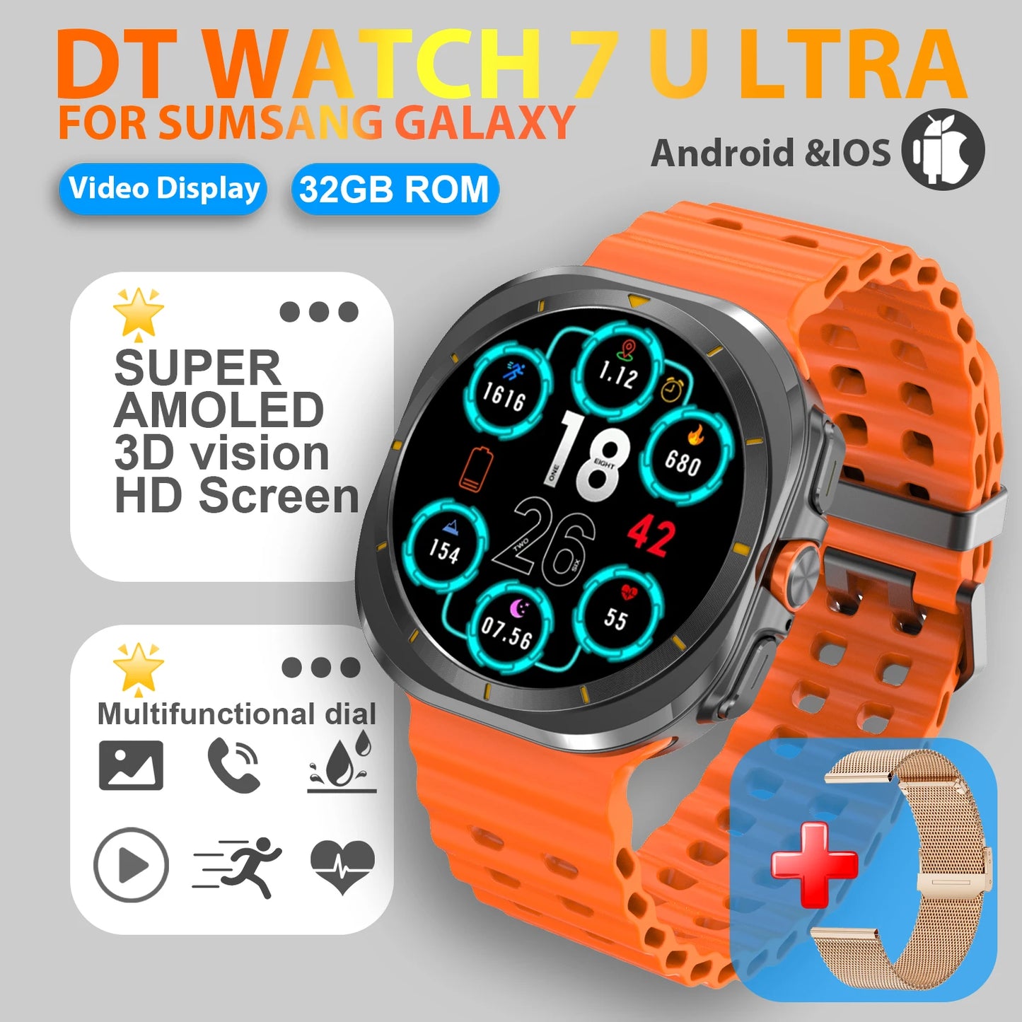 2025 New Watch 7 Ultra Smart Watch Men 32GB Memory 3D Video Display Sports SmartWatch GPS NFC Compass Blood oxygen Smartwatch