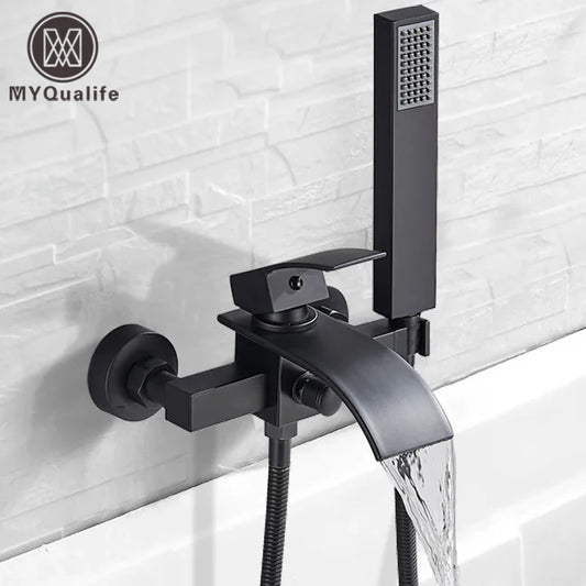 Black Bathroom Tub Faucet Single Handle Waterfall Spout Mixer Tap with Hand Shower Wall Mounted Gold Bath Faucets Bathtub Tap