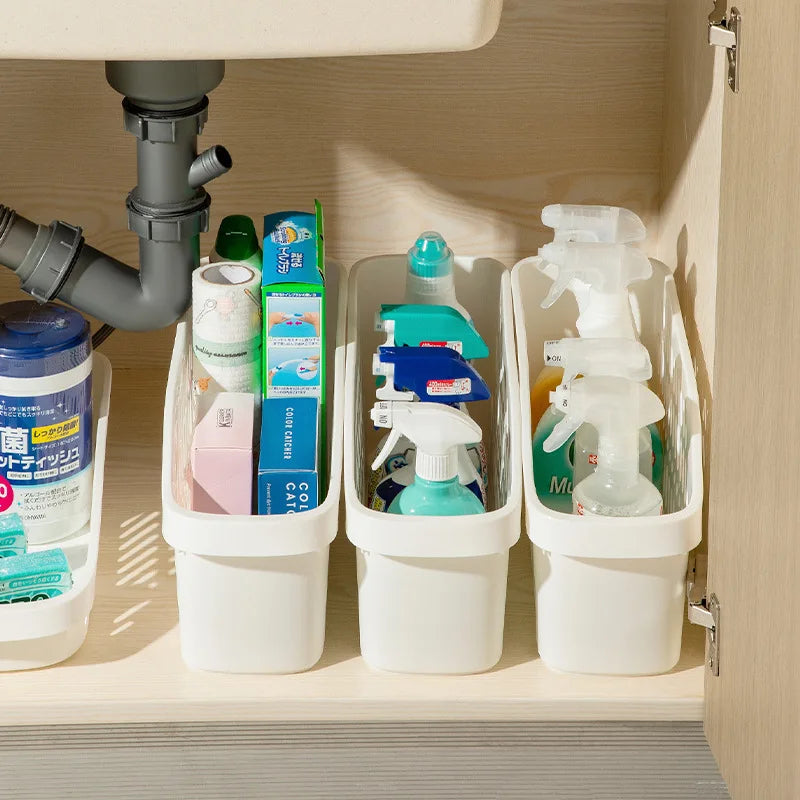 Shallow width and deep pulley kitchen storage, bathroom sewer storage basket, sink cabinet organization box, desktop storage box