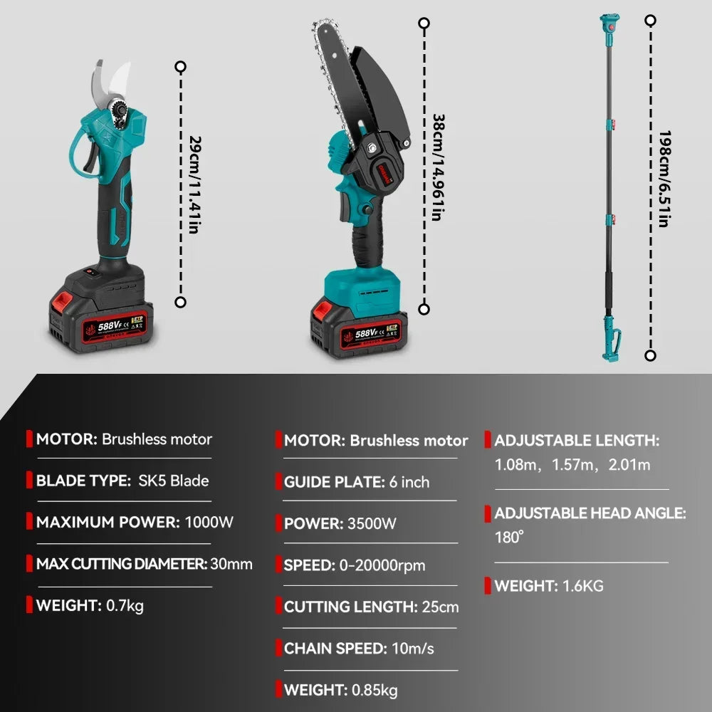 ONEVAN 3 IN 1 Brushless Telescoping Pole Electric Chainsaw 3500W High Branch Scissor Garden Power Tool For Makita 18V Battery