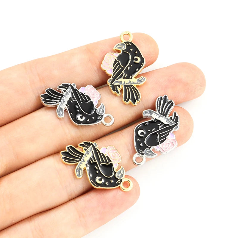 Punk Gothic Style Halloween Crow & Flower Enamel Charms 10pcs Trendy Personality Ornaments Accessories For DIY Necklace Bracelet