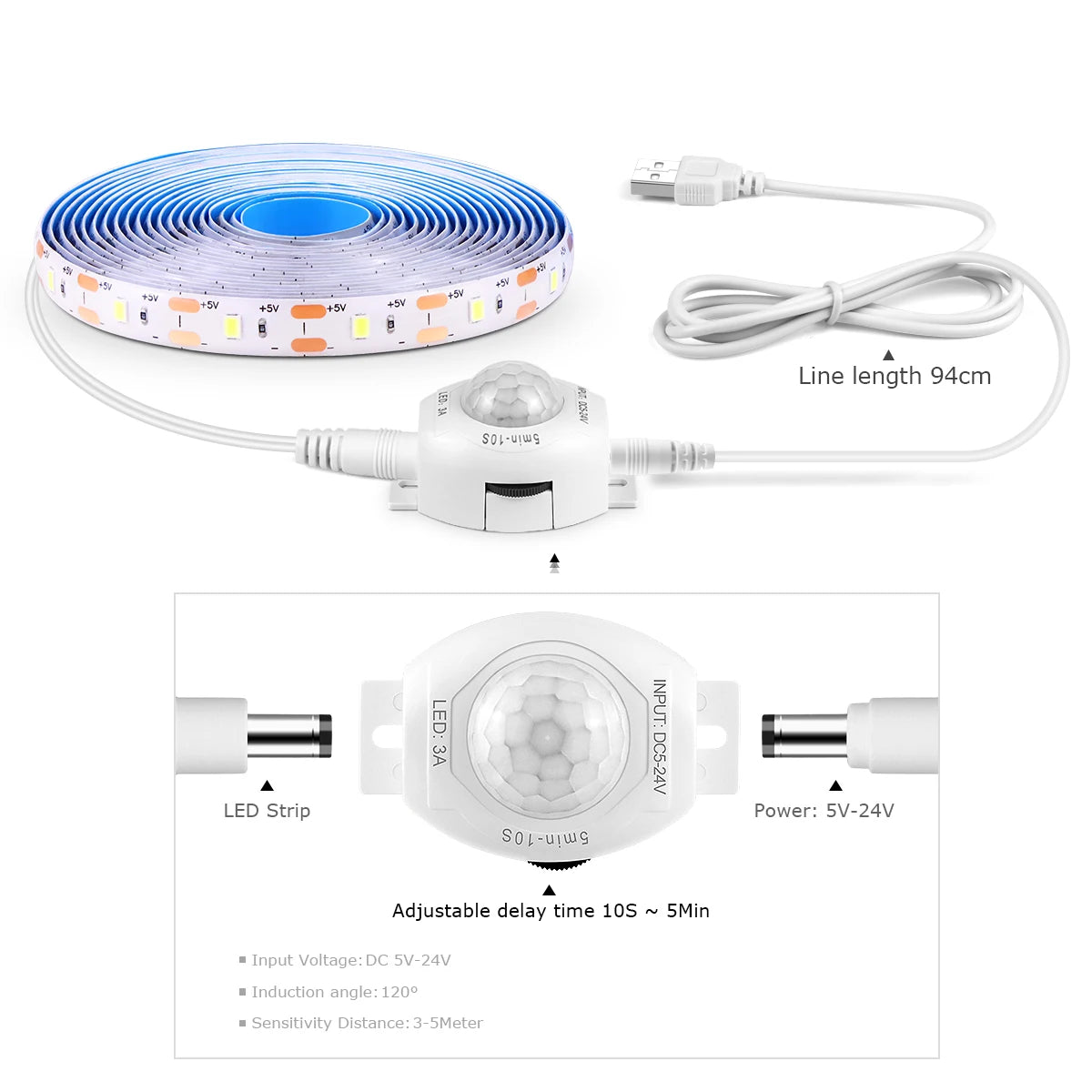 USB 5V PIR Motion Sensor LED Strip Light Tape Waterproof Under Bed Night Light Sensor Lamp For Room Kitchen Cabinet Backlight