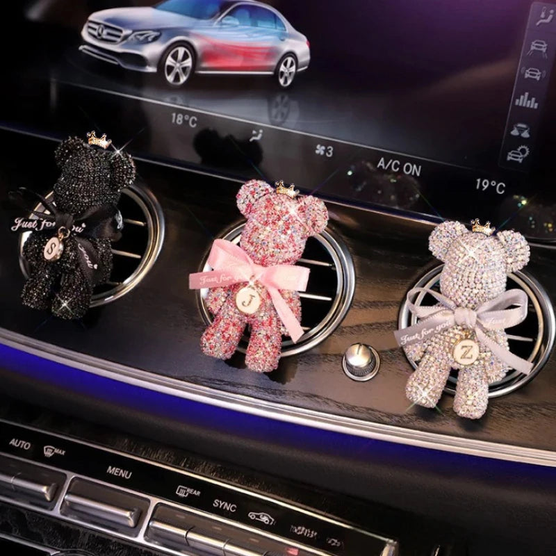 Cartoon Diamond Crystal Bow Bear Car Pendant Mirror Hanging Ornaments Bling Car Interior Decoration Women Accessories
