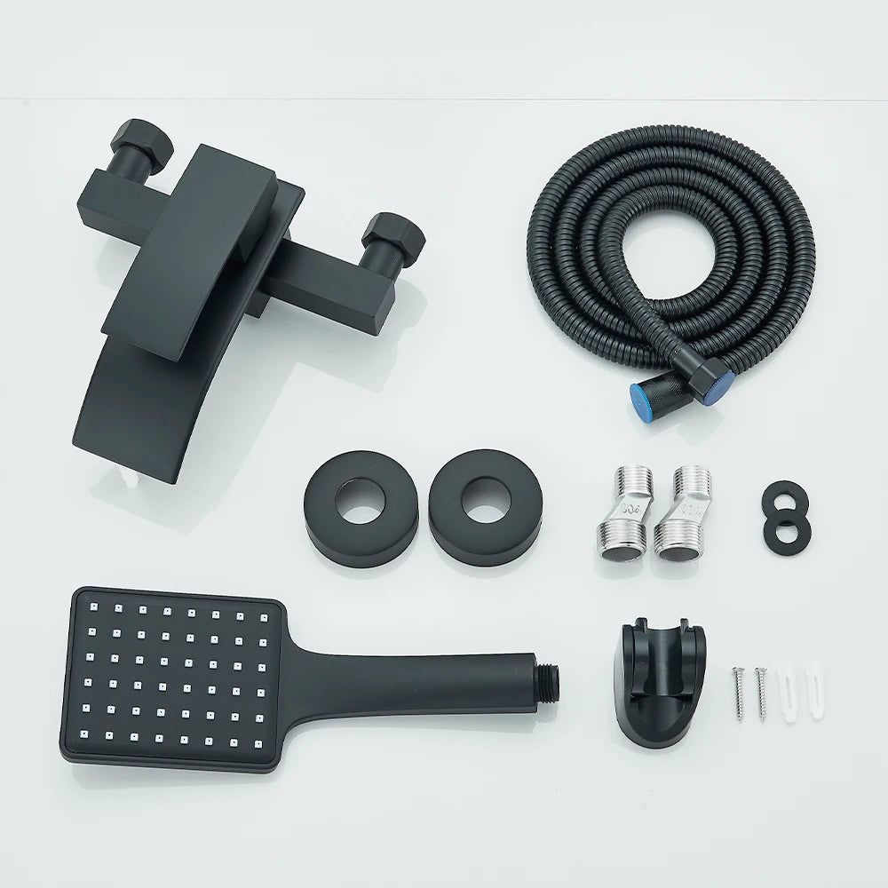 Matte Black Bathroom Bathtub Faucet Waterfall Faucet With Hand Shower Hot and Cold Water Mixer Taps Wall-mounted Bathtub Faucet