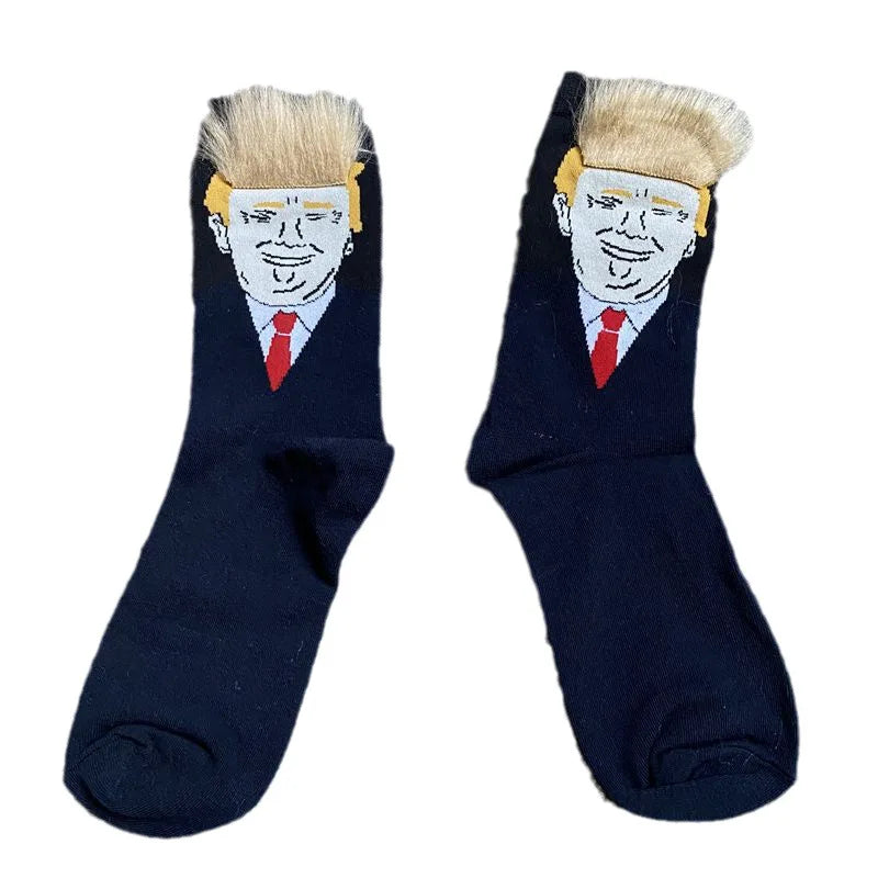 2024 New Trump Socks with Hair Spoof Funny President Donald Trump Socks Mens Compression Streetwear Hip Hop Tube Socks