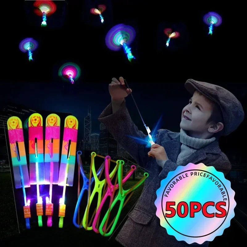 2024 New 50/30/10/5/1Pc Amazing Light Toy Arrow Rocket Helicopter Flying Toy LED Light Toys Party Fun Gifts Rubber Band Catapult