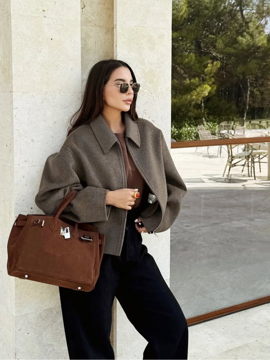 Fashion Brown Short Woolen Jacket For Women Elegant Lapel Long Sleeves Zipper Cropped Coats Autumn Chic Lady High Street Outwear