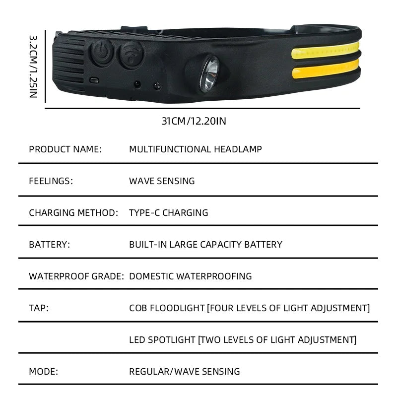 LED Headlight Sensor With Built-in Battery Head Flashlight USB Charging Work Light Super Bright Headband