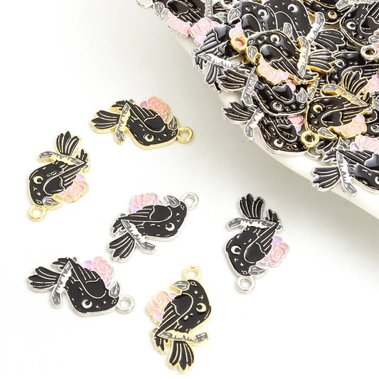 Punk Gothic Style Halloween Crow & Flower Enamel Charms 10pcs Trendy Personality Ornaments Accessories For DIY Necklace Bracelet