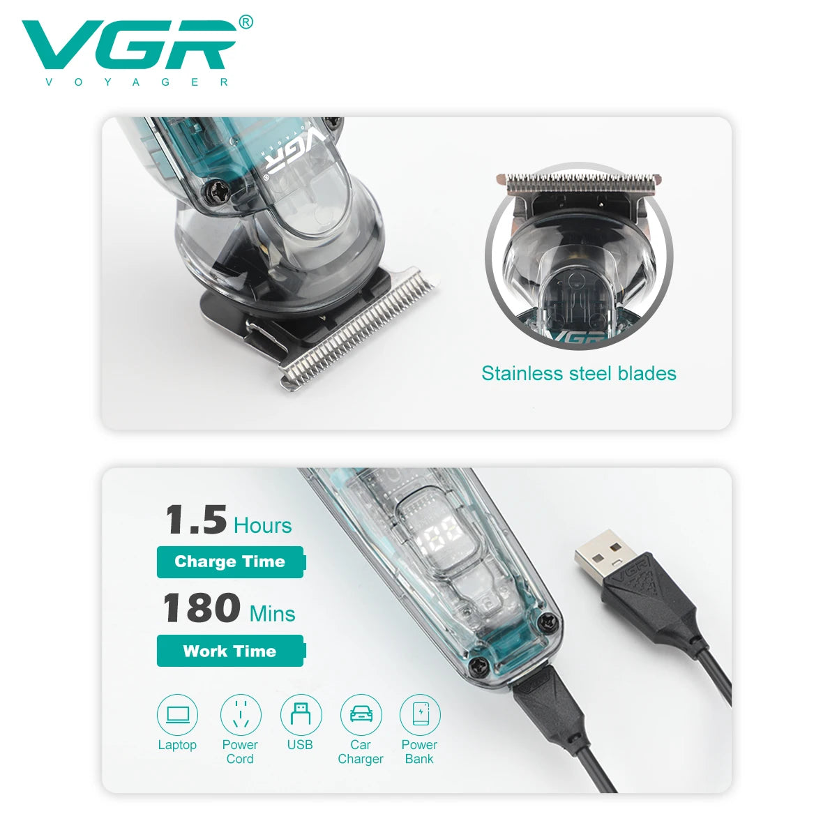 VGR Hair Clipper Professional Trimmer Rechargeable Hair Cutting Machine Cordless Haircut Machine IPX6 Hair Clippers Men V-949