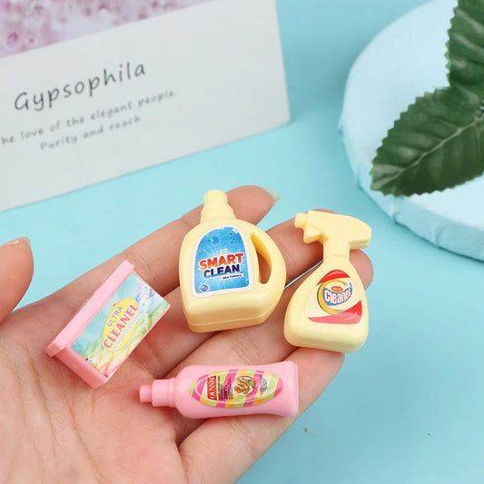 4Pcs/Set 1:12 Dollhouse Miniature Cleaning Set Laundry Detergent Soap Household Washing Kit Pretend Play Doll House Accessories