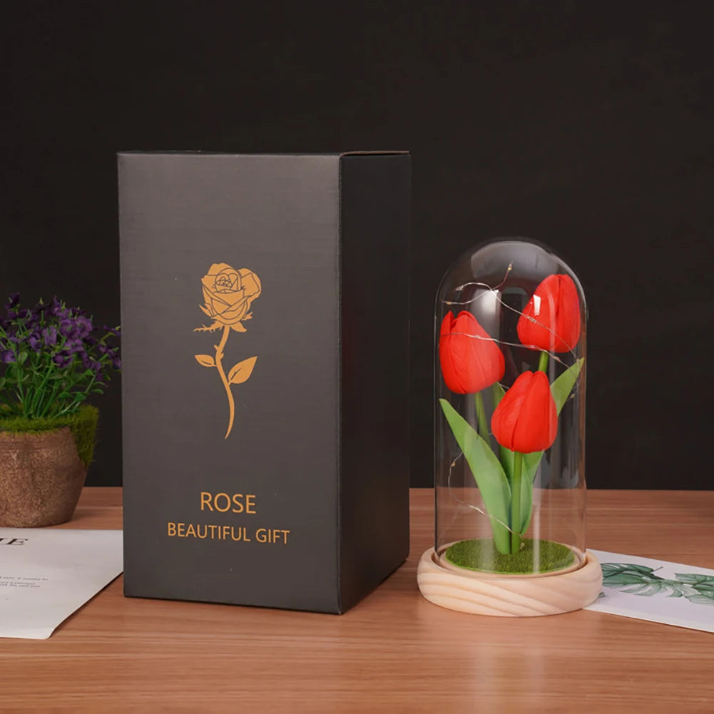 Tulip Gift For Girlfriend PU Simulation Tulip Night Light Gift With Glass Cover Decoration Creative Valentine's Day Gift Festive