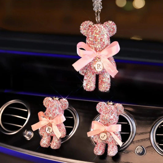 Cartoon Diamond Crystal Bow Bear Car Pendant Mirror Hanging Ornaments Bling Car Interior Decoration Women Accessories
