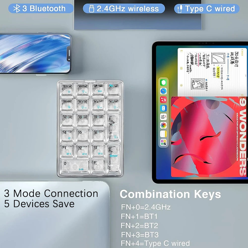 AULA F21 Wireless Numeric Keypad White Backlight Transparent Numeric Keyboard 21 Key Bluetooth Mechanical Gaming Number Pad