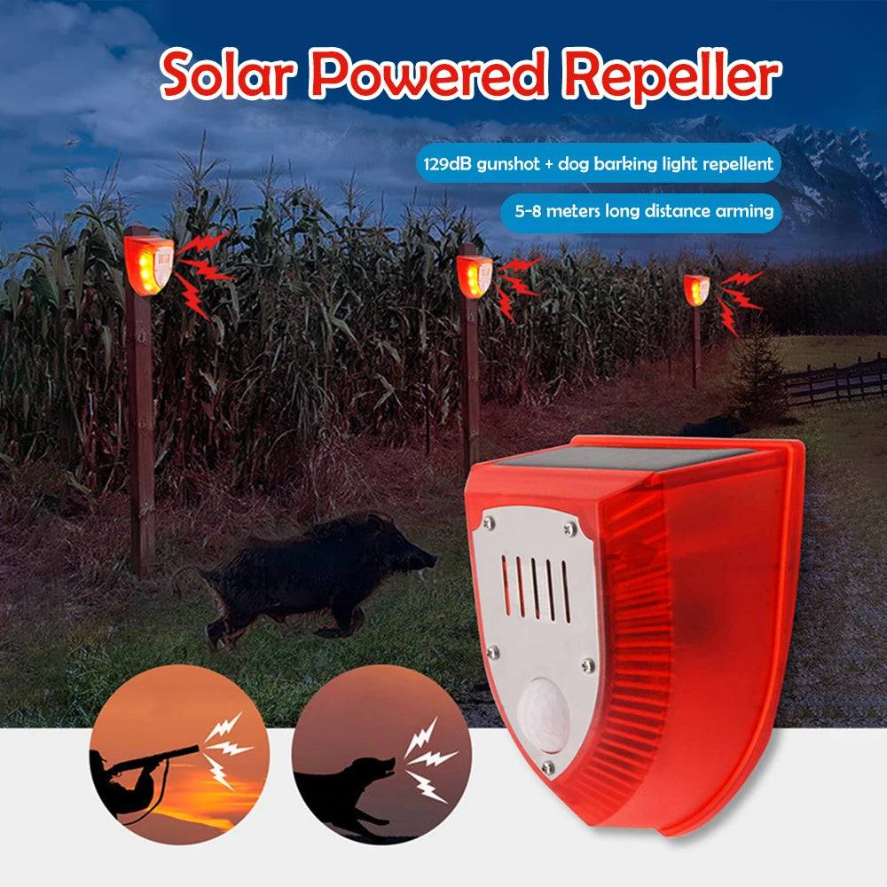 Solar Motion Sensor Alarm Light Animal Repeller Anti-Wild Boar Drive Alarm Anti-Theft Siren Dog Barking Gunshots Home Security