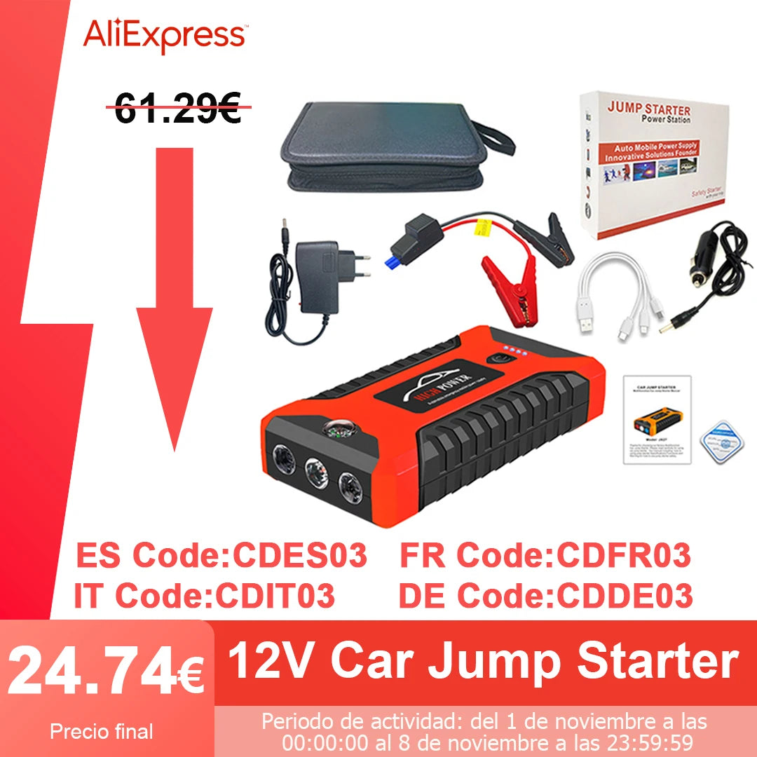 12V Car Jump Starter Power Bank Portable Car Battery Booster Charger Starting Device Auto Emergency Start-up Lighting