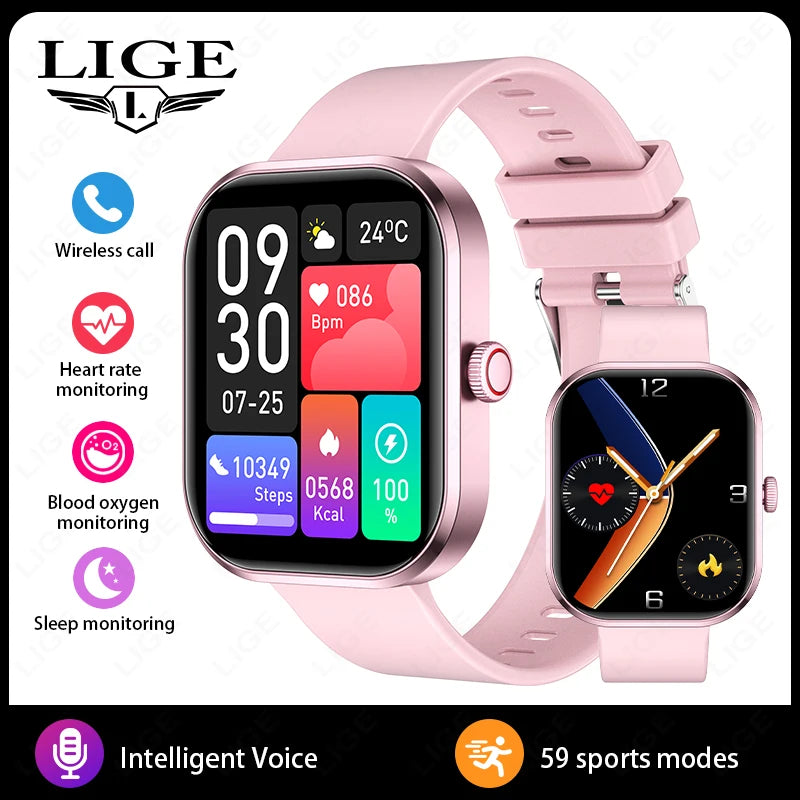 LIGE Smart Watches Ladies Bluetooth Call Sport Bracelet for Android IOS Women‘s Health Monitor Gift Music Clock Smartwatch Pink