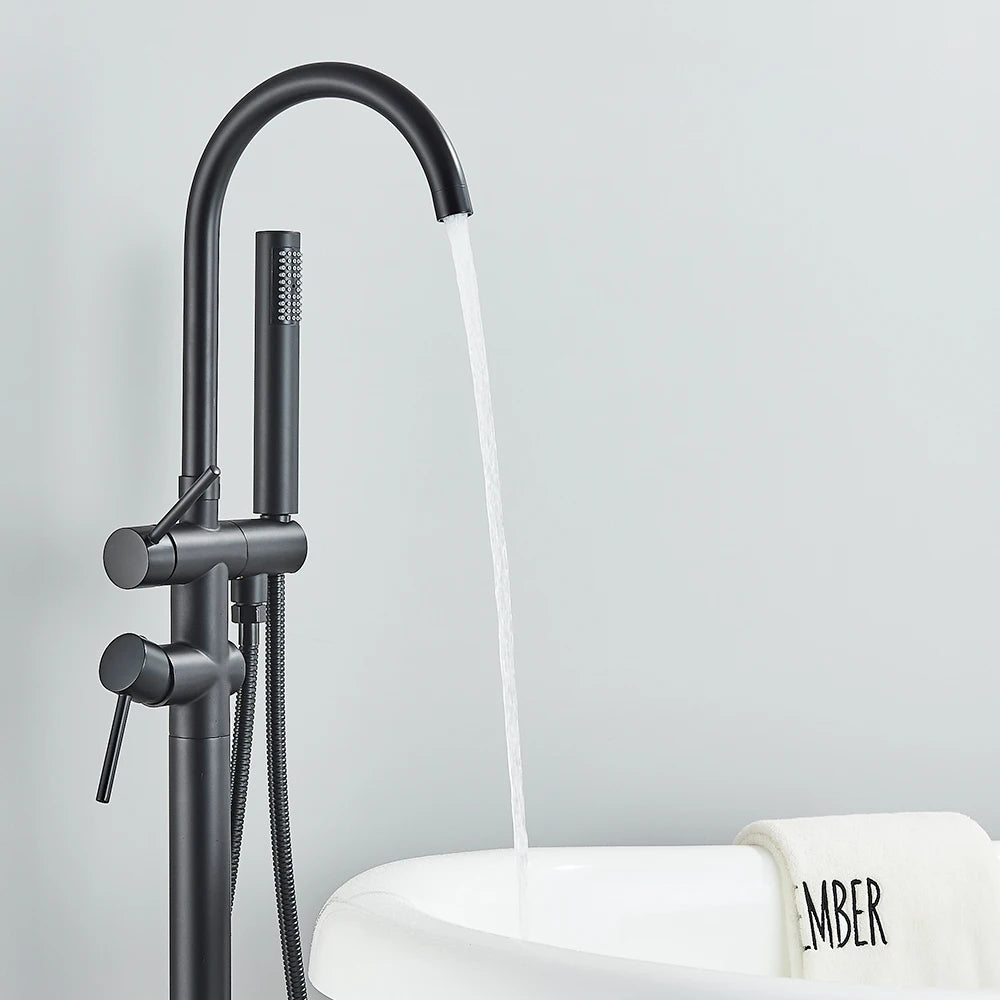 Floor Free Standing Faucet Mixer Single Handle Hot Cold Water Mixer with 360 Rotation Spout with Handshower For Bathtub Shower